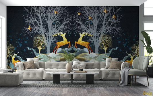 living room 3d wall mural with deer effect in background